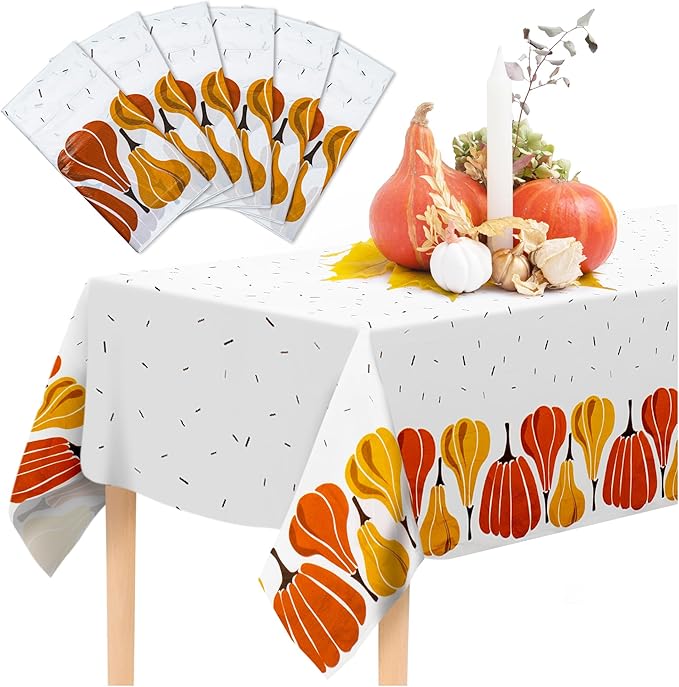 Thanksgiving Tablecloths, 6-Pack Disposable Plastic Table Covers, Pumpkins Pattern, 54 x 108 Inches, Party Decorations