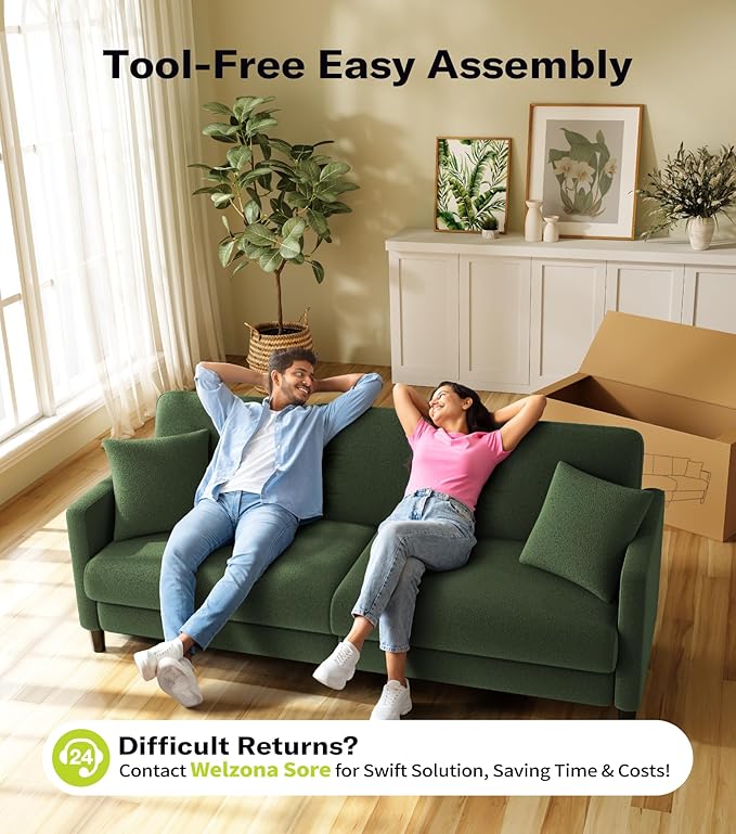 83" Couches for Living Room, Comfy Sofas for Living Room, Teddy Sofa Couch, Tool-Free Setup Loveseat Sofa, All-Wood Love Seat Couches, Small Couch 2 Pillows Included, Green