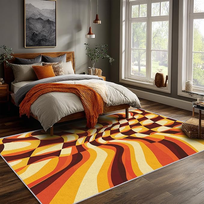 70s Retro Rugs 4x5, Orange Brown Abstract Washable 4 x 5 Area Rug for Living Room, Bedroom, Low Pile Non Slip Stain Resistant Carpet, 70s Orange Home Decor Accessories & M830