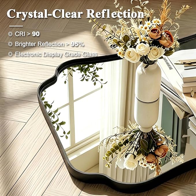 ANDY STAR Bathroom Vanity Mirror, 24x32 Matte Black Rectangle Mirror with Scalloped Round Corner, Vintage Asymmetrical Metal Wall Mirror for Entryway, Living Room