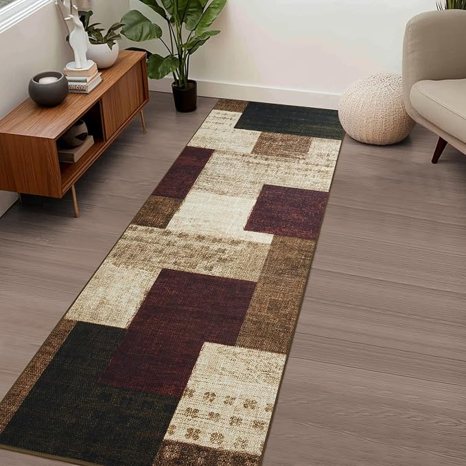 Modern Geometric Patchwork Indoor Runner Rug for Living Room, Red 2.7'x 8' Rug Rockwood Collection Hardwood Floors Decor for Bedroom, Burgundy Throw Carpet for Office Entryway Dining Room