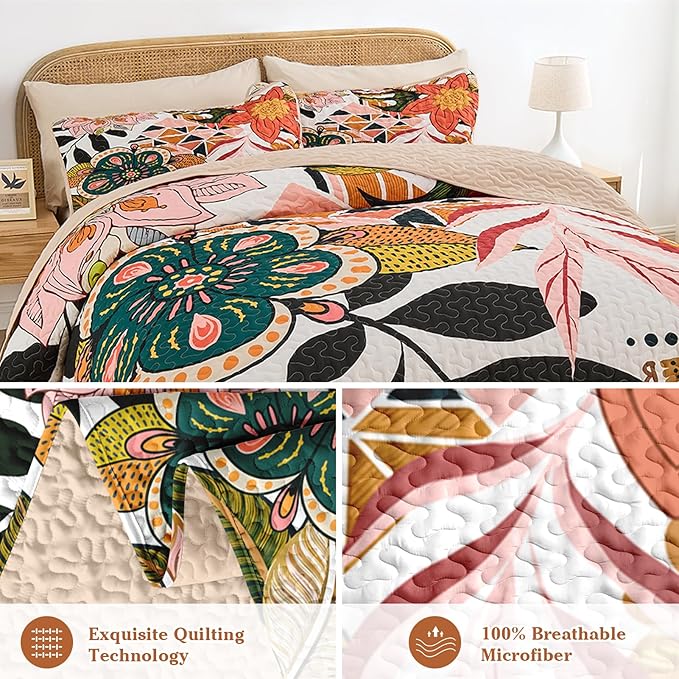 Quilt Set Full/Queen Size, Boho Floral 3 Pcs Soft Bed Cover Bedding Set, Mid Century Flowers Lightweight Bedspread Coverlet with 2 Pillow Sham for All Season