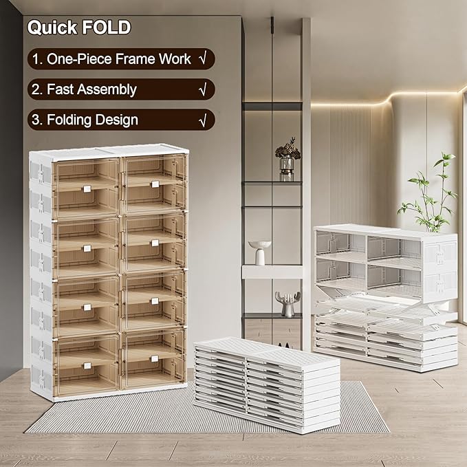 wesimple 28 Pairs Shoes and Boots Storage Cabinet of 3-Step Fast Installation,Plastic Shoe Box with Clear Magnetic Door for Display, Shoe Organizer for Sneaker, Sandals, Heels (2 Row, 7 Tier)