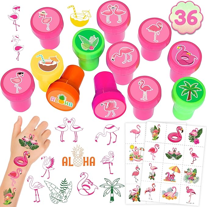 36PCS Pink Bird Party Favors - 24PCS Pre-Cut Temporary Tattoos & 12PCS Stamps - Ideal Hawaiian Summer Tropical Luau Themed Birthday Card Decorations Supplies Goodie Bag Kids Gifts Classroom Rewards