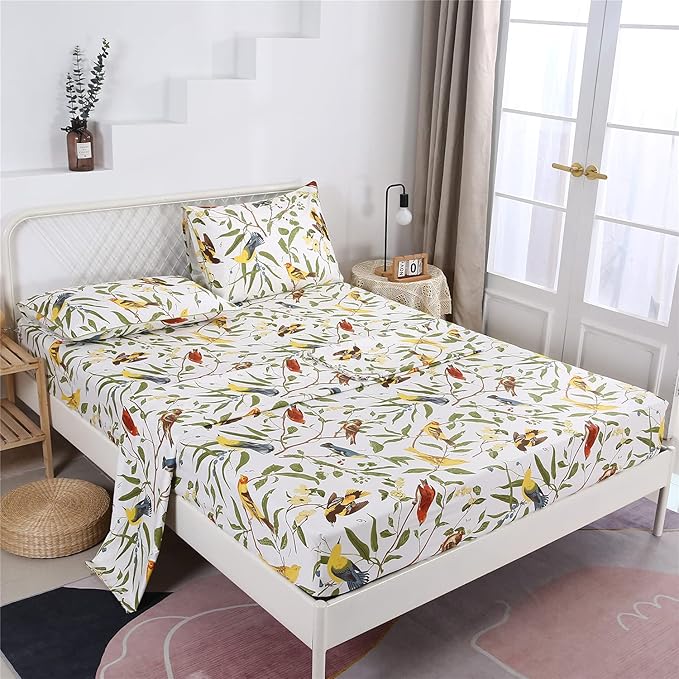 RYNGHIPY Farmhouse Flowers Print Bed Sheet Collection Set Botanical Floral Sheets with Pillowcasess (White Green,Queen Size)