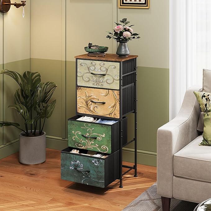 WLIVE Dresser with 4 Drawers, Storage Tower, Organizer Unit, Fabric Dresser for Bedroom, Hallway, Entryway, Closets, Vintage Furniture with Sturdy Steel Frame, Wood Top, Pull Handle, Floral Painted