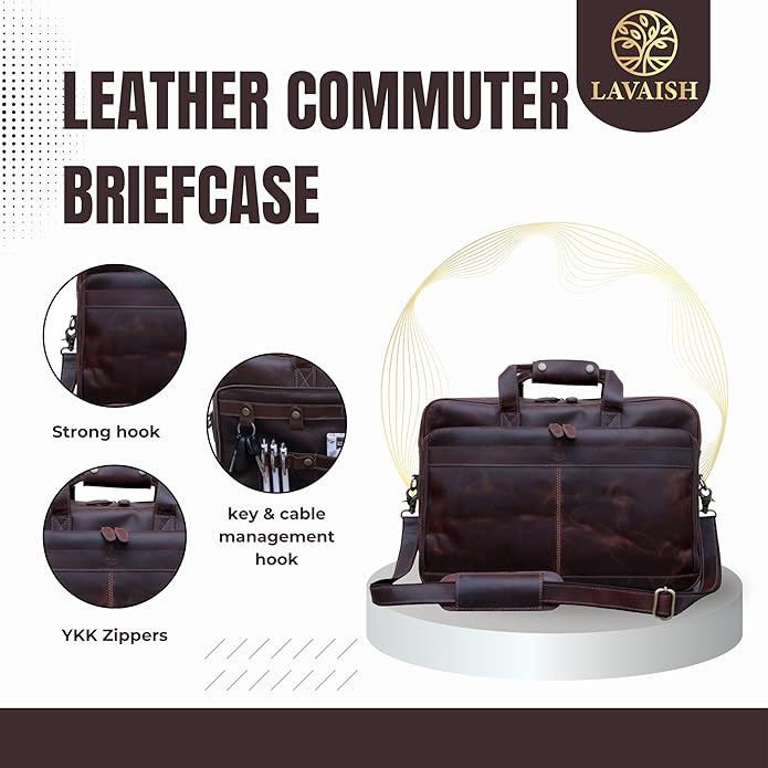 LAVAISH Handmade Full-Grain Leather Briefcase for Men & Women–17" Laptop Bag with Computer Compartment Office Satchel Bag