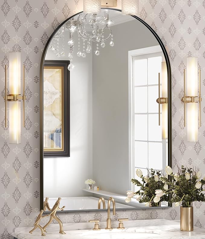 Brightify Arched Mirror, Arched Wall Mirror, 24 x 36 Inch Black Arch Mirror, Metal Frame Black Bathroom Mirror, Arched Top Bathroom Vanity Mirror for Living Room Bedroom Mantel Entryway Hallways
