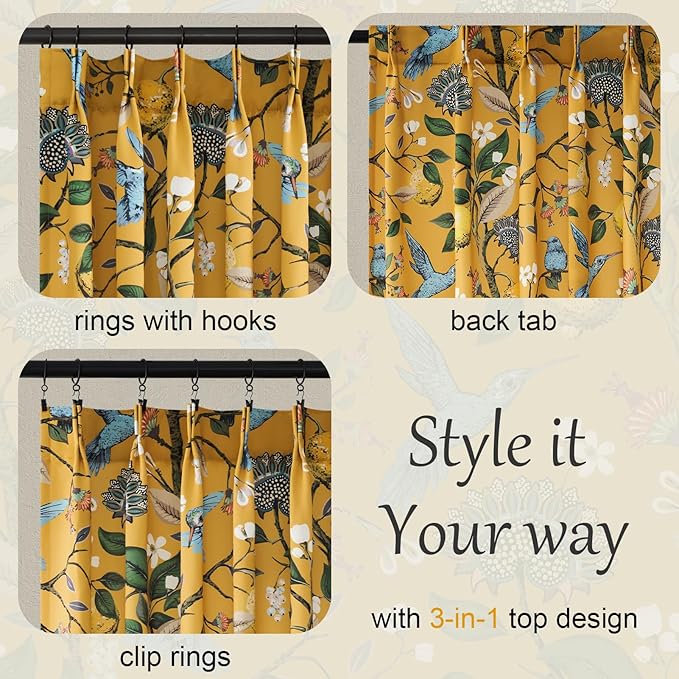 Mustard Yellow Vintage Floral Curtains 84 Inches Long for Living Room Bedroom Luxury Whimsical Lemon Hummingbird Patterned Waverly Mid Century Colorful Pinch Pleated Blackout Drapes 2 Panels