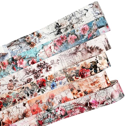 AuriicLeaf Vintage Floral Washi Tape Set – 6 Rolls, 2M Non-Repeating Flower Collage Designs, Decorative Craft Tape for Scrapbooking, Journals, Planners with Accessory Clip Included