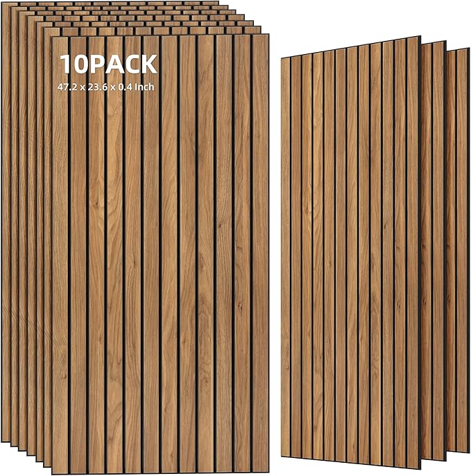 TO-TH Wood-Look Acoustic Wall Panels, 10 Pack 47.2” x 23.6” Acoustic Panels, Decorative Sound Absorbers Sound Dampening Panels for Home, Office, Basement, Rustic Teak