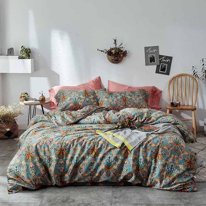 mixinni 3 Pieces Flower Duvet Cover Set 100% Natural Cotton Full Size Bedding Cover with Zipper&Ties, 1 Duvet Cover and 2 Pillowcases, Easy Care, Soft and Durable-Full Size