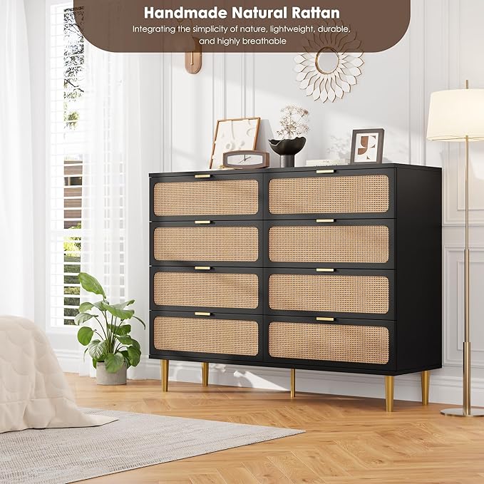 Garvee Rattan Dresser with 8 Drawers, Tall Modern Closet with Deep Storage, Large Chest of Drawers with Wide Top, Long Wooden Dresser for Bedroom, Living Room, Hallway, Kids Room, Black