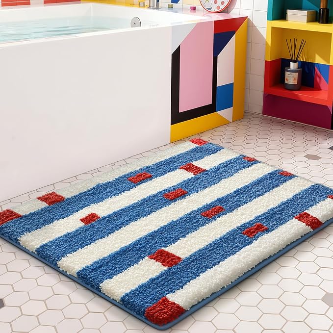 LUMI Bathroom Rugs with Blue White Stripe, Soft Absorbent Bath Mat for Modern Home Decor, Non-Slip Quick-Dry Bath Rug, Machine Washable Floor Mat for Shower and Tub, Entryway, 24"x36"