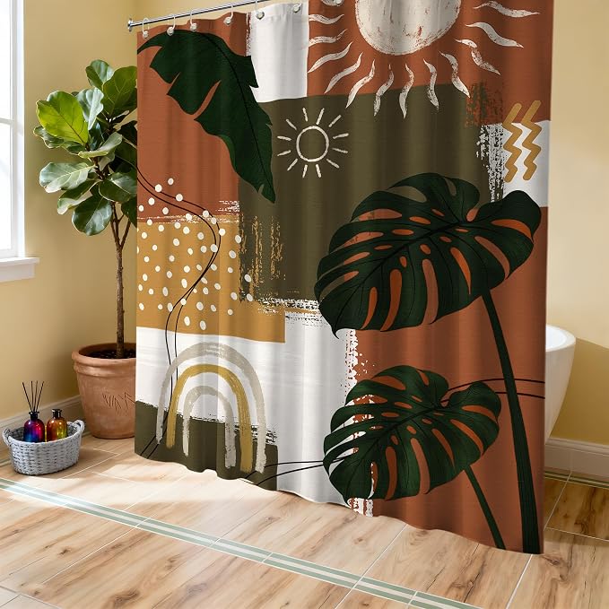 Mid Century Modern Shower Curtain Boho Abstract Tropical Leaf Shower Curtains for Bathroom Decor Sets, Waterproof Cloth Fabric with Hooks, 60x72 Inch