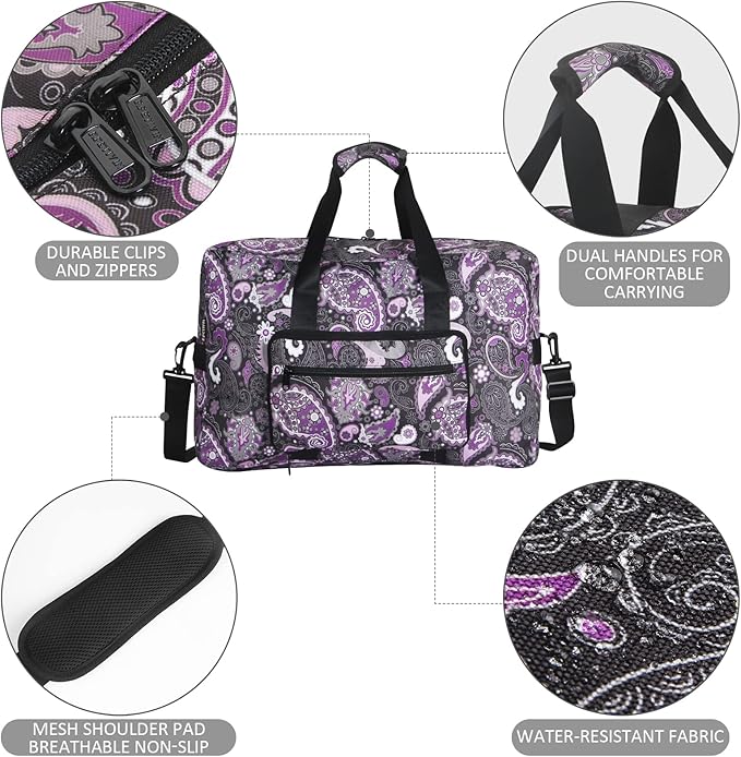 F.FETIVIN Weekender Bag Carry On Travel Duffle Medium Overnight Bag for Women(Purple Paisley)
