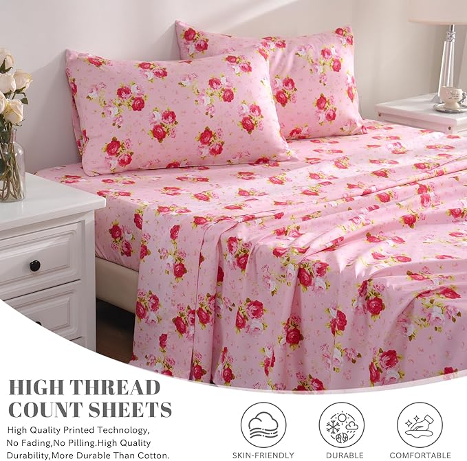 Bedlifes Twin Sheet Set Ultra Soft, Breathable, Silky Flower Deep Pocket 100% Microfiber Bedding, 3 Piece Twin Size Pink Floral(Red Rose)