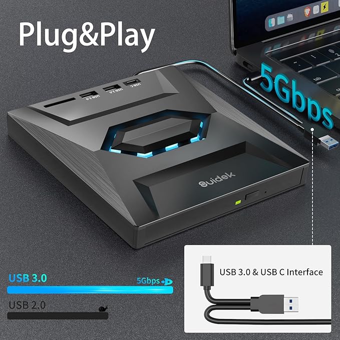 External CD DVD Drive for Laptop, USB C Portable CD/DVD +/-RW Burner DVD Player with SD Card Reader USB 3.0 Type C Hub Compatible with Laptop PC Windows Linux