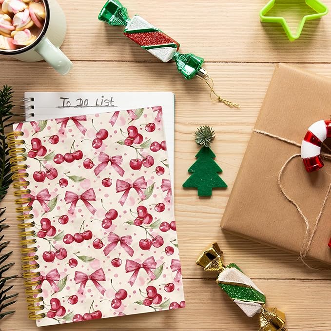 JKMBN Coquette Pink Bow Cherry Spiral Notebook for Women Girls, Vintage Journaling Notebooks, Cute Pink Notebook Journal, Pink Office Supplies, Hardcover Spiral Lined Notebook 5.5 x 8.3