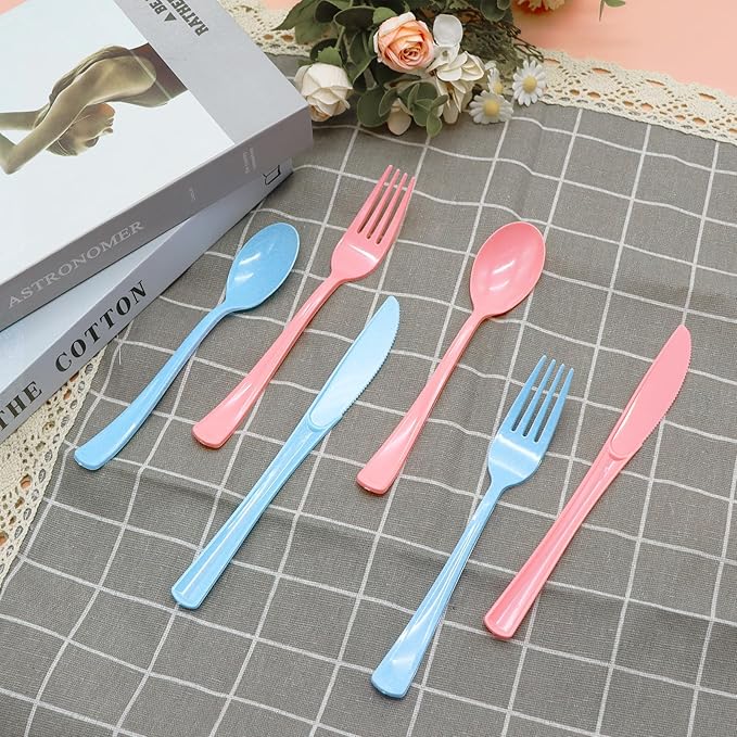 300 PCS Pink and Blue Silverware Heavy Duty 150 Pink Plastic Silverware and 150 Blue Plastic Cutlery Sets- 100 Forks 100 Knives 100 Spoons for Birthday, Baby Shower, Gender Reveal