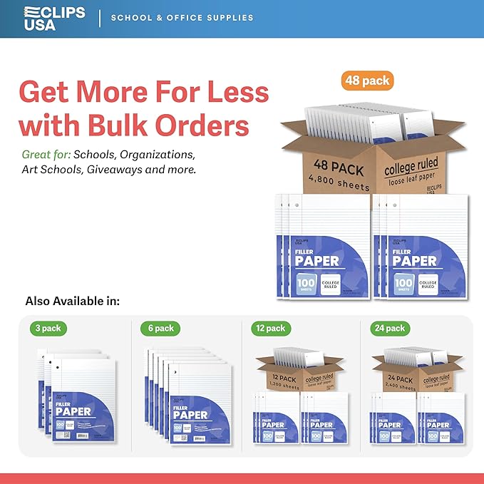 Loose Leaf Paper College Ruled Notebook Paper College Ruled Lined Writing Filler Paper 10.5” x 8” 4800 Sheets 100 Sheets Per Pack 60 gsm (48 Pack)