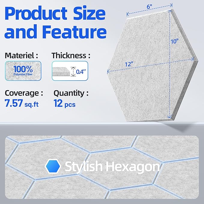 12 Pack Hexagon Acoustic Panels with Self-Adhesive, 12" X 10" X 0.4" Sound Proof Foam Panels for Walls, High Density Soundproof Wall Panels, Sound Dampening Panels for Home Studio Decor Office - Gray