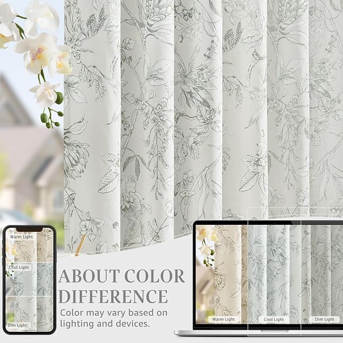 jinchan Floral Curtains 84 Inches Long Charcoal Grey Flower Linen Farmhouse Curtain for Living Room French Country Vintage Curtain Rod Pocket Curtains Set 2 Panels Gray Floral Printed