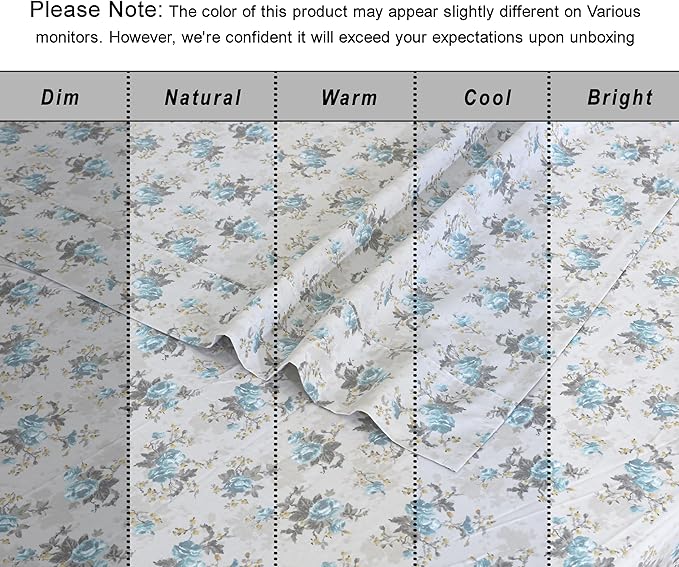RUVANTI 100% Organic Cotton Sheets Twin Size, Percale Weave, GOTS Certified, 3-Piece Set, Deep Pocket 15", Crisp & Breathable, Soft Durable Bedding, Sábanas Algodón Orgánico – Blue Rose