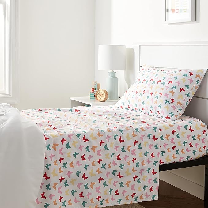 Amazon Basics Kid's Butterfly Friends Soft Easy-Wash Microfiber 3-Piece Sheet Set, Twin, Multi-Color Butterflies, Printed
