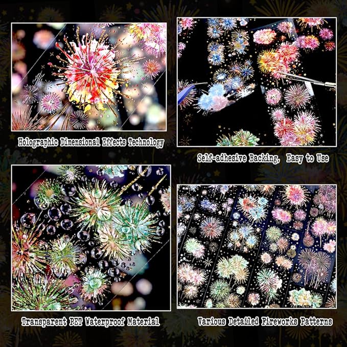 Holographic Fireworks Stickers for Journaling and Crafts, 12 Sheets Transparent PET Stickers for Scrapbooking, Junk Journal Supplies, Collage, DIY Paper Arts Decorative