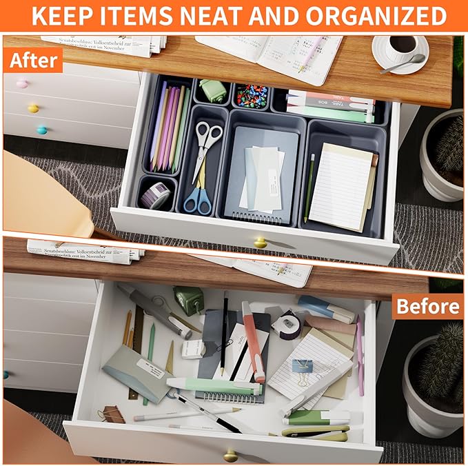 45 Pack Desk Drawer Organizer Tray, 3 Sizes Plastic Drawers Organizer Storage for Kitchen, Bathroom, Office, Vanity, Makeup, Utensils, Junk Drawer Organizer Bins, Gadget Trays for Organizing, Grey