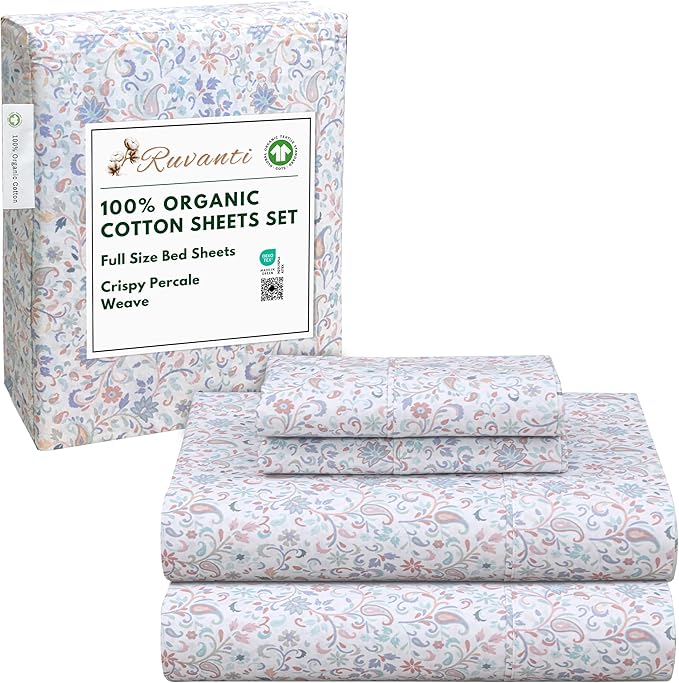 RUVANTI 100% Organic Cotton Sheets Full Size, Percale Weave, GOTS Certified, 4-Piece Set, Deep Pocket 15", Crisp & Breathable, Soft Durable Bedding, Sábanas Algodón Orgánico – Multi Paisley