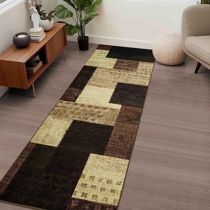 Modern Geometric Patchwork Indoor Runner Rug for Living Room, Warm Taupe 2'x 6' Rug Rockwood Collection Hardwood Floors Decor for Bedroom, Taupe Throw Carpet for Office Entryway Dining Room