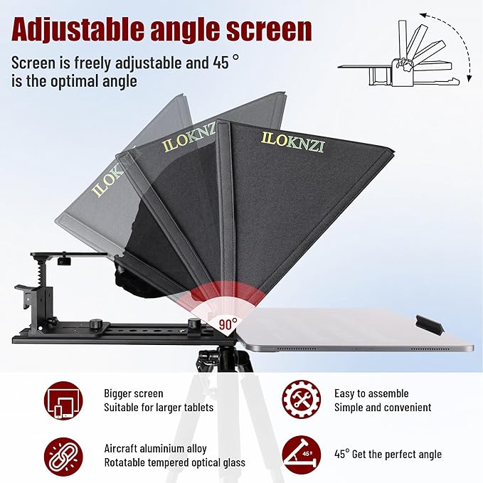 i7 /14-inch teleprompter with Remote Control, Adjustable Camera mounting Platform (Aluminum), rotatable Tempered Optical Glass, Carrying case Included.