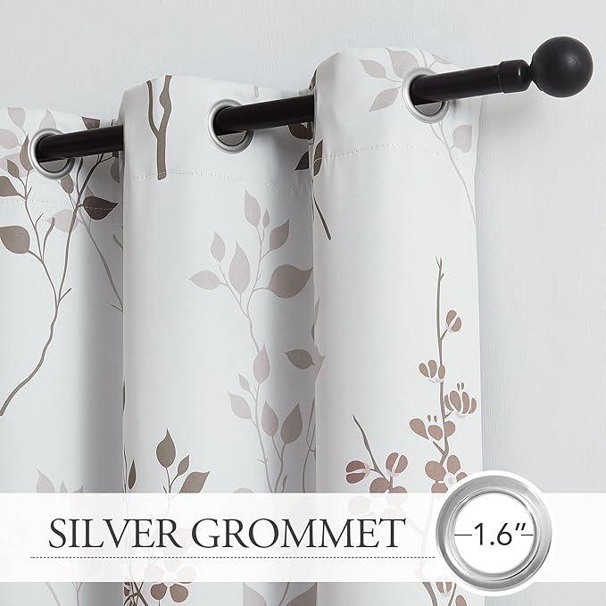 Beauoop Floral 100% Blackout Curtains 72 Inches Long 2 Panels for Bedroom Living Room Tan Brown and White Flower Patterned Room Darkening Thermal Soundproof Grommet Window Treatments Drapes, 52X72