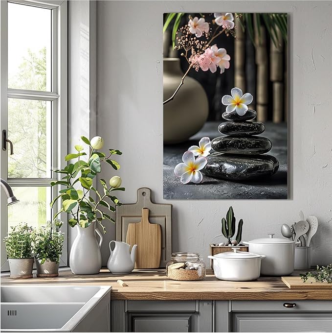 A harmonious black stone stack paired with white and pink flowers bamboo and ceramic vases creates a tranquil Zen decor for minimalist homes and mindful spaces 28x40in Frameless