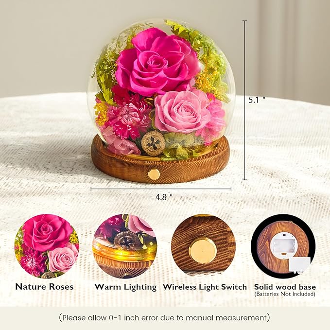 Forever Flowers for Delivery Prime, Preserved Rose in Glass Dome, Gifts for Women Birthday, Long-Lasting Flowers for Mom Wife Grandma Valentine's Day Mother's Day Christmas Anniversary, Hot Pink