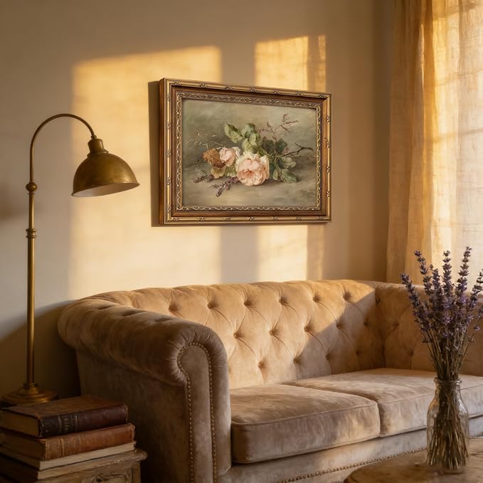 Vintage Gold Framed Flower Still Life Wall Art Retro Rose and Wildflower Wall Decor Pink Floral Print artwork Farmhouse Country Flower painting Picture for Gallery Kitchen Living Room Bedroom 12X16in