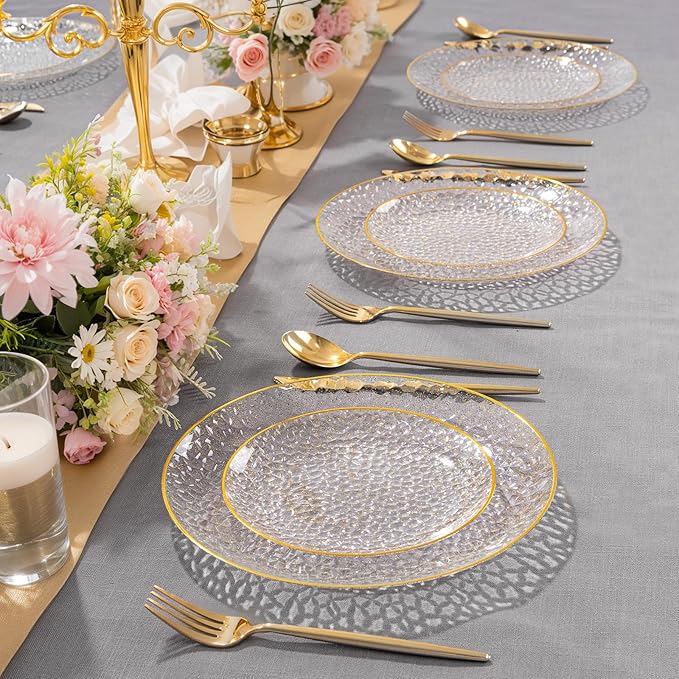 Rubtlamp 60Pcs Clear Gold Plastic Plates, Gold Glitter Disposable Plates, Hammered Plastic Plates Included 30 Dinner Plate And 30 Dessert Plate for Weddings Party Birthday