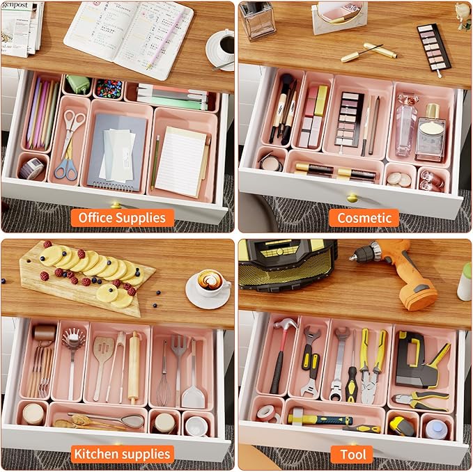 45 Pack Pink Plastic Drawer Organizer Trays - 3-Size Storage for Kitchen, Bathroom, Office, Vanity, Makeup, Utensils, Junk Drawer Organizer Bins, Gadget Trays