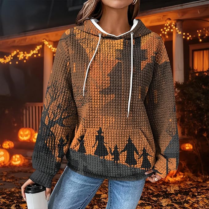 Halloween Sweatshirts for Women Novelty Graphic Drawstring Waffle Hoodies Loose Casual Pullover Tops with Pocket