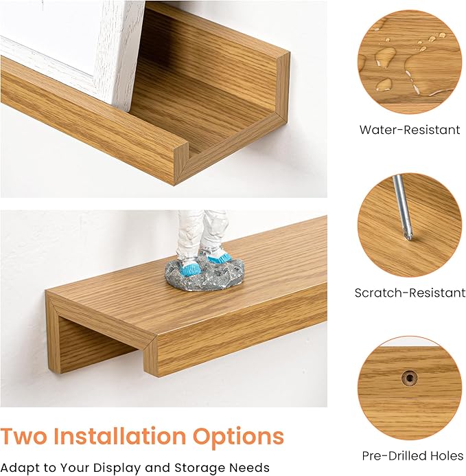 RICHFOCUS Picture Ledge Shelf, 72 inch Floating Shelves Set of 2, Wood Wall Shelves with Lip, Wall Decor Storage for Bedroom Living Room Bathroom Kitchen Nursery Photo Picture, Oak