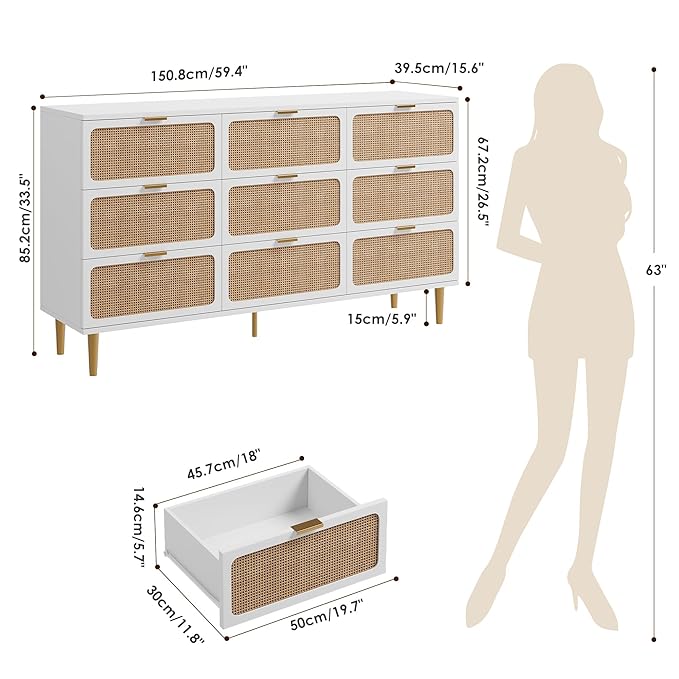 Garvee Rattan Dresser with 9 Drawers, Tall Modern Closet with Deep Storage, Large Chest of Drawers with Wide Top, Long Wooden Dresser for Bedroom, Living Room, Hallway, Kids Room, White