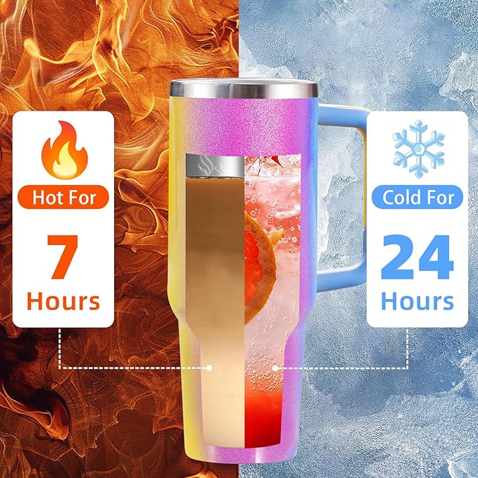 40 oz tumbler with handle and straw,Double Wall Vacuum Reusable Stainless Steel Insulated Water Bottle,With Leak Proof lid and Straw for Iced or Cold Beverages (Carnival)