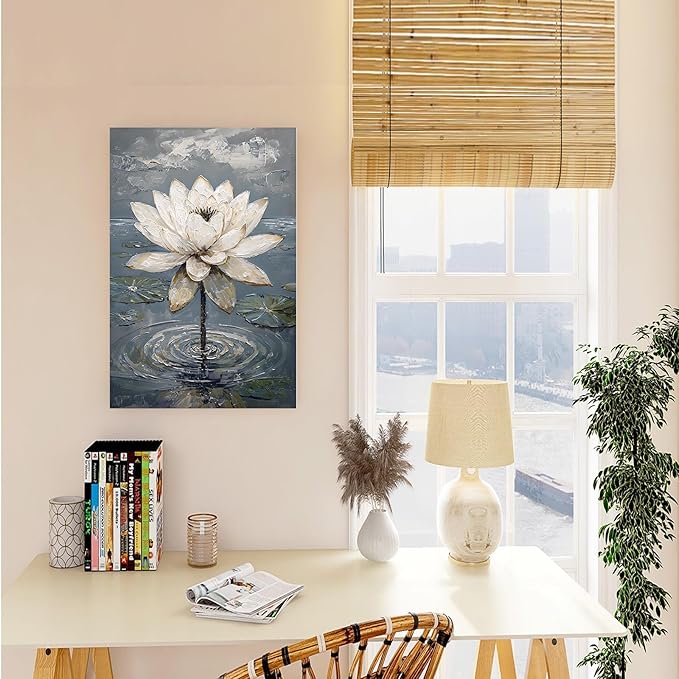 Stunning white lotus emerges from prismatic water with delicate petals background Serene aquatic wall art suitable for modern minimalist decor 12x18in Wood Framed