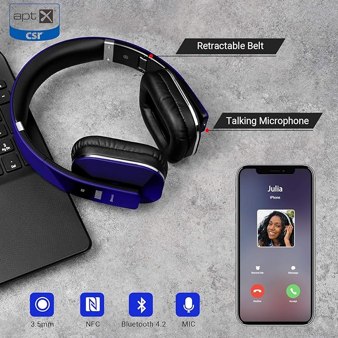 August EP650 Bluetooth Wireless Over-Ear Headphones with aptX Low Latency, NFC, Multipoint Pairing, Wired Option, Built-in Microphone - Blue
