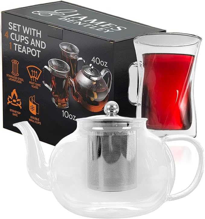 James Bentley Glass Coffee and Tea Set – Borosilicate Glass Teapot Set for Adults with 40oz Teapot & 4 Insulated Glasses, Stainless Steel Strainer for Bags and Loose Tea– Microwave, Dishwasher Safe