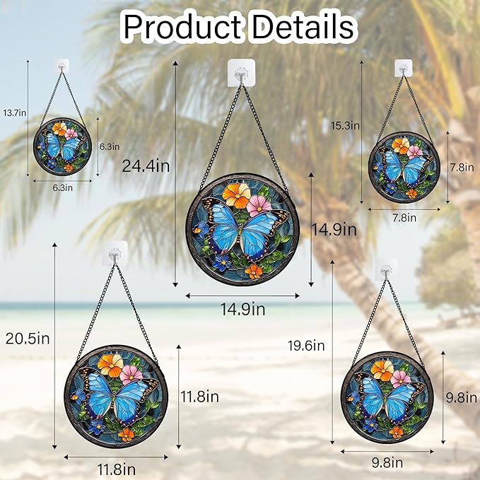 Stained Glass Window Hanging, Blue Butterfly Flower Suncatcher for Doors Home Sun Catchers Decoration and Christmas, Mother's Day Birthday Gifts for Women, Men, and Mom 11.8 in