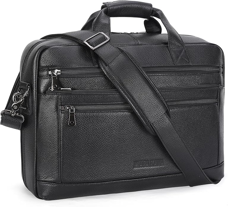 Masa Kawa Men’s Leather Briefcase for 16" Laptop Waterproof Crossbody Shoulder Messenger Bag Computer Attache Case for Business Travel Work, Black