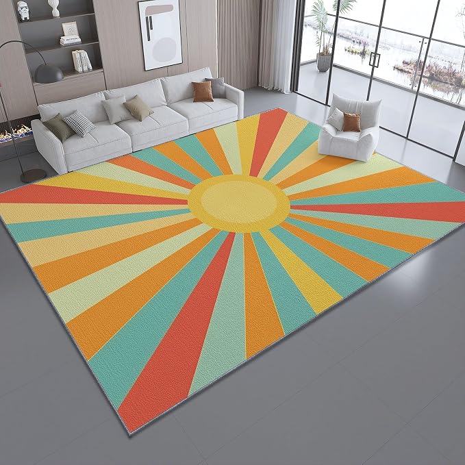 4x6 Washable Area Rug, Colorful Retro Sunburst Stripes Design Non Slip Non-Shedding Rug Easy Care for Living Room Bedroom Kitchen Office Carpet